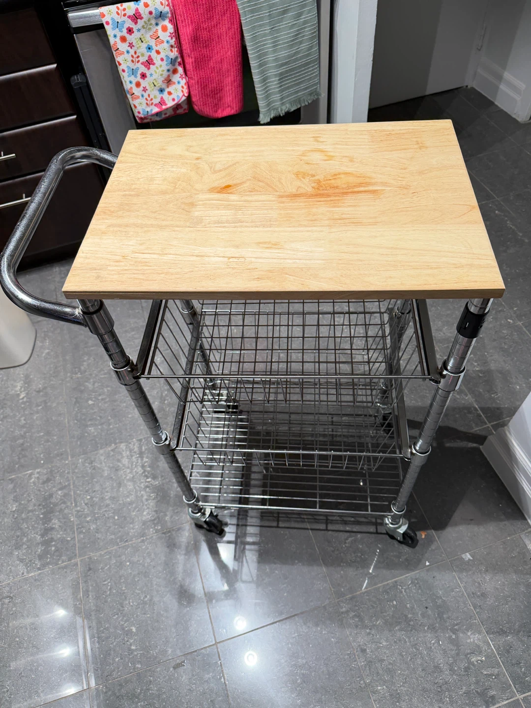 Kitchen Cart with Wooden Top and 3 Wire Baskets