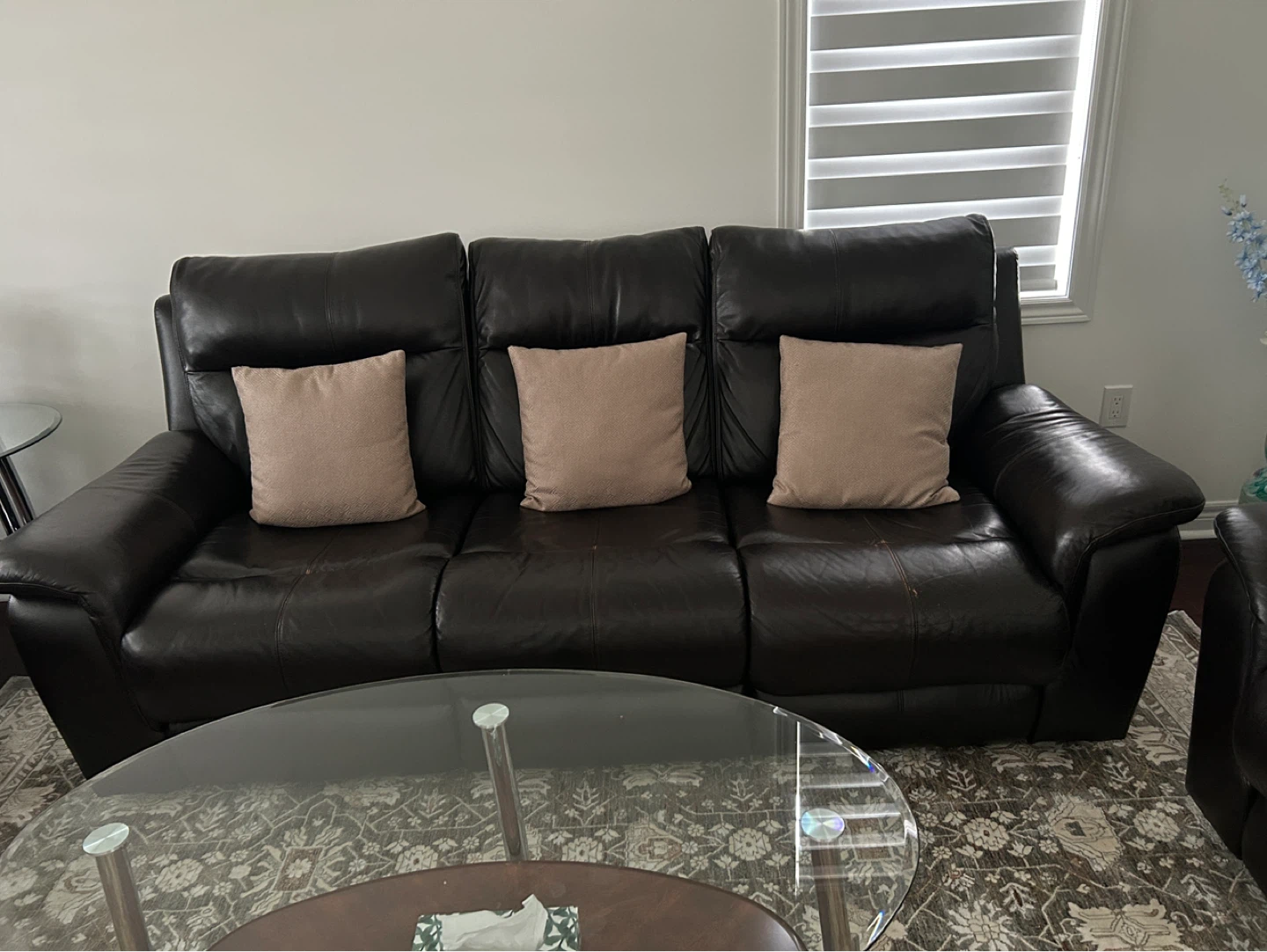 Dark Brown Leather Reclining Sofa, Loveseat, and Armchair Set