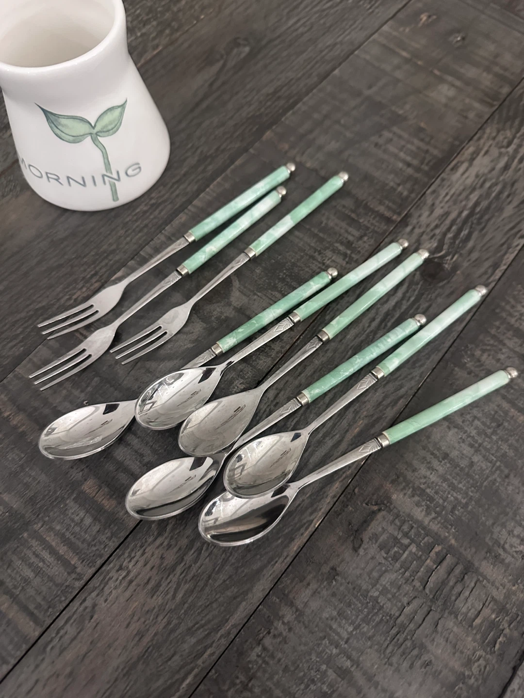 Set of  6 Spoons and 3 Forks with Green Jade Handles - photo 2