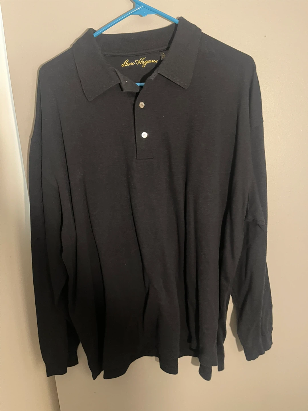 Ben Hogan Long Sleeve Polo Shirt L Black Cotton Silk Blend Golf
