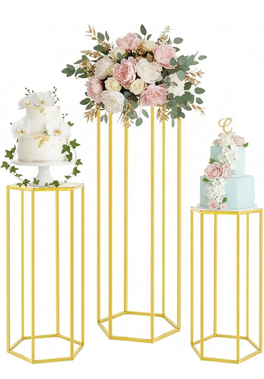 Set of 3 Gold Hexagon Pedestal Stands