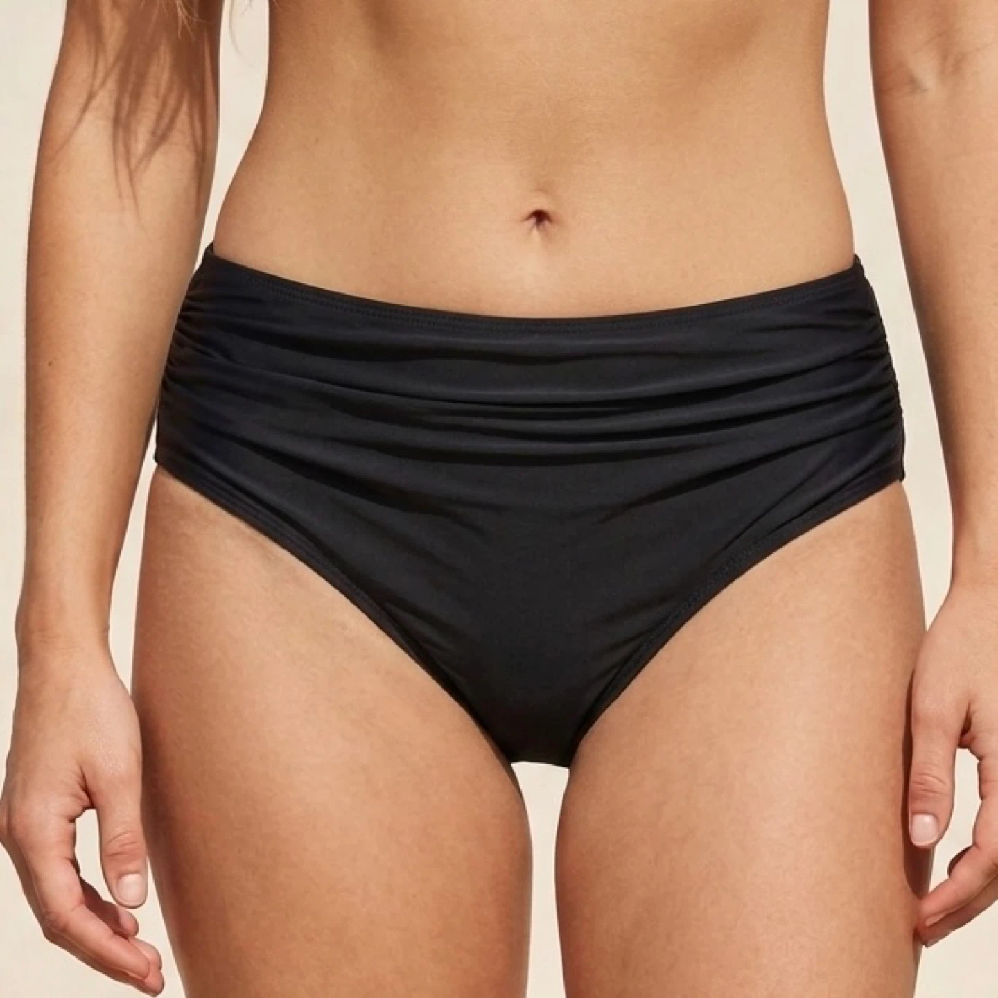 Black Mid Rise Ruched Side Bikini Swimsuit Bottoms Womens Size M