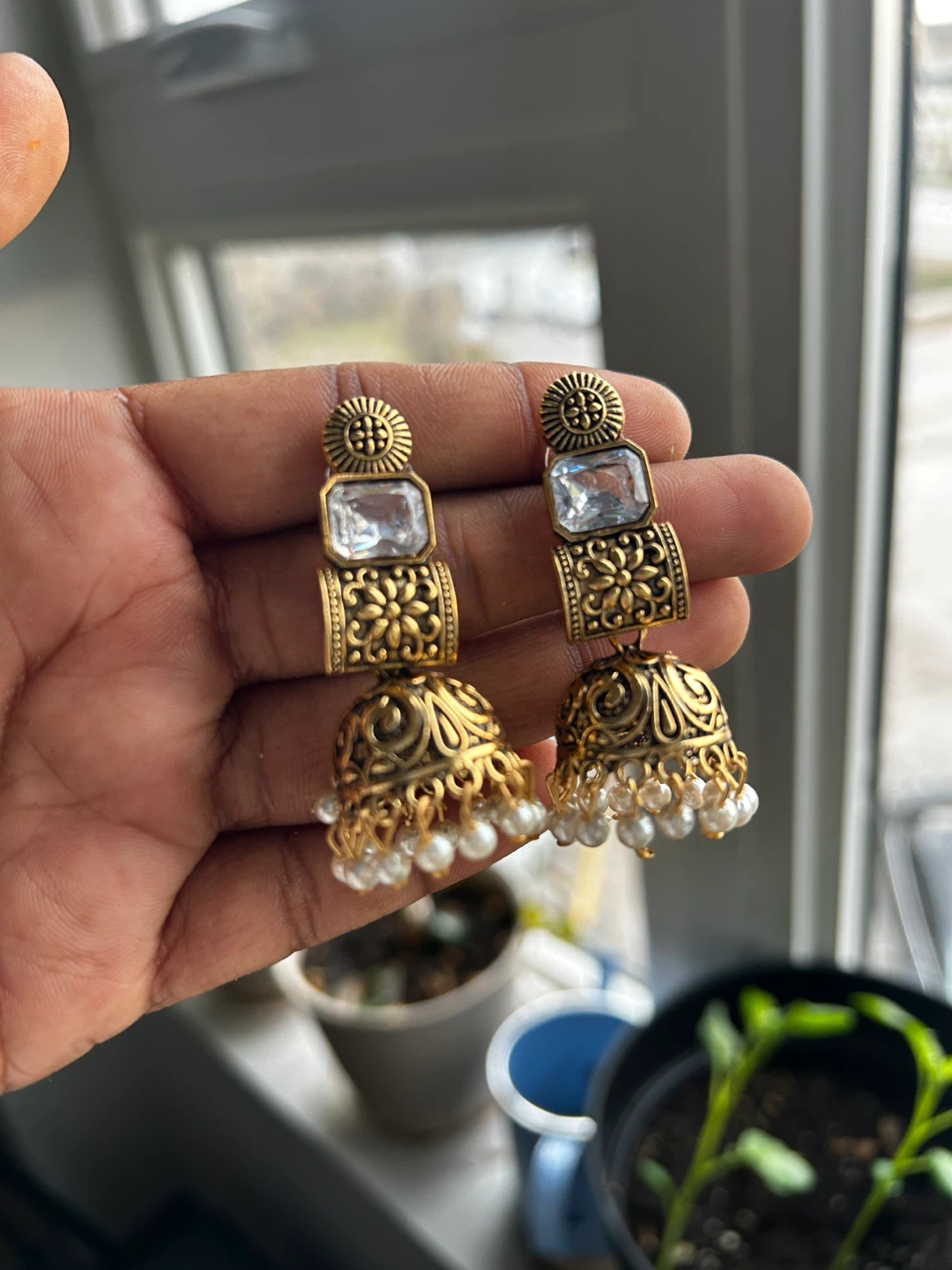Gold- tone Jhumka Earrings with Pearls and Crystals