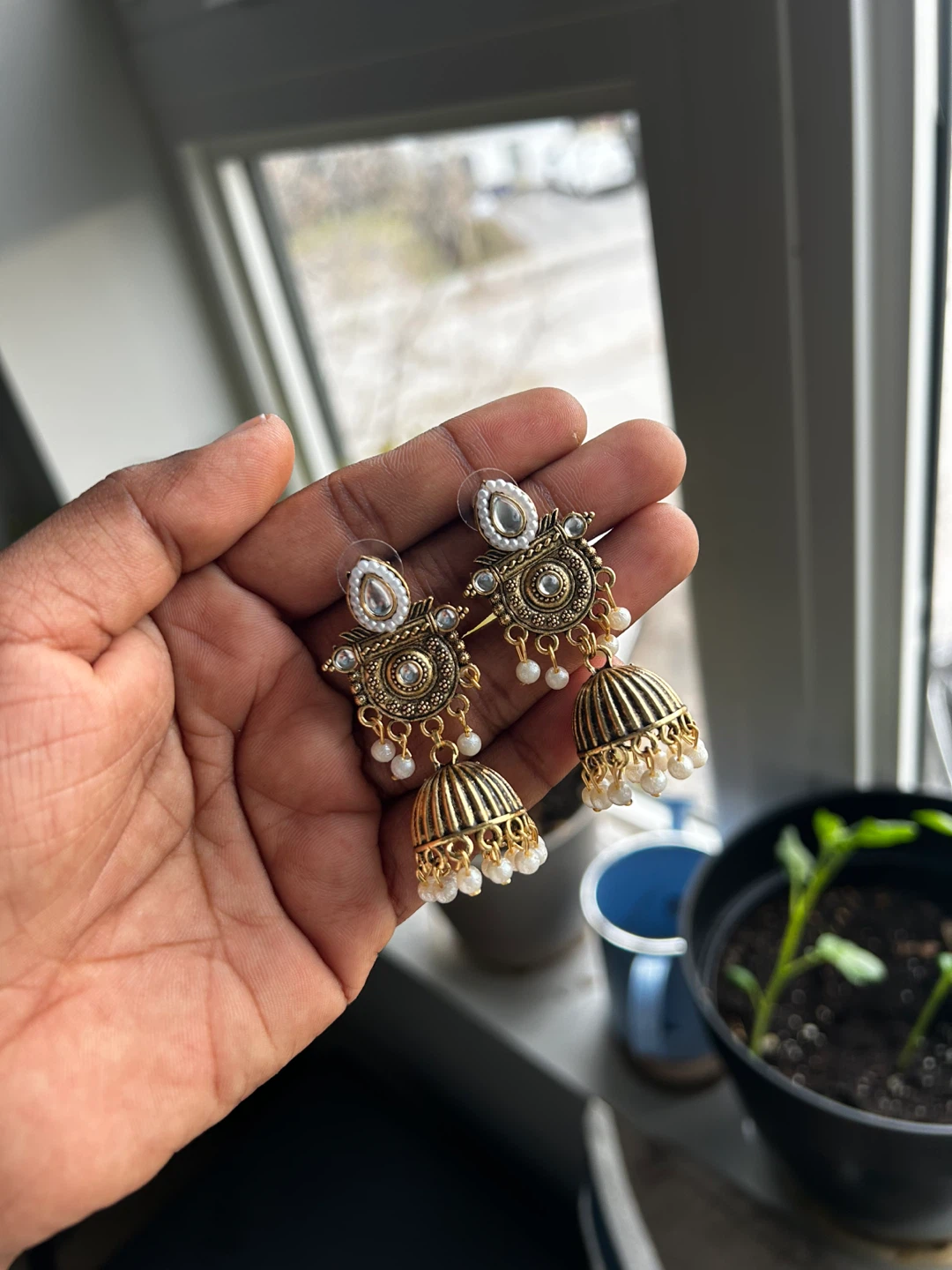 Gold-tone Jhumka Earrings with White Beads - photo 2