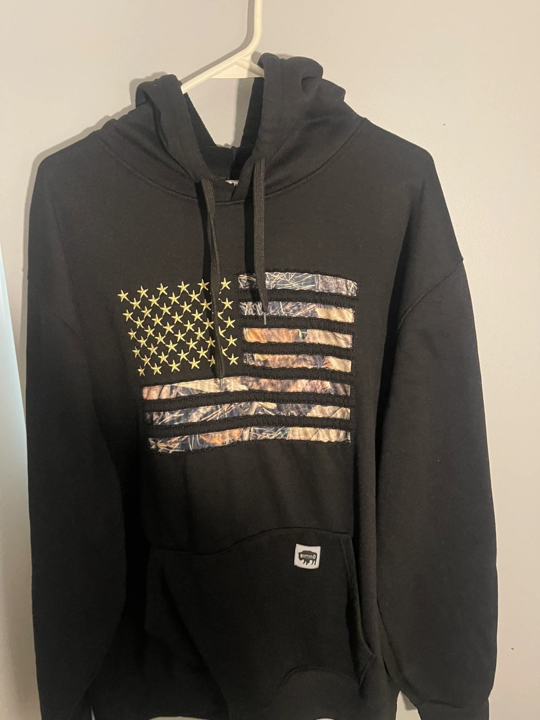 Buffalo Outdoors Black Hoodie with American Flag Camo Graphic