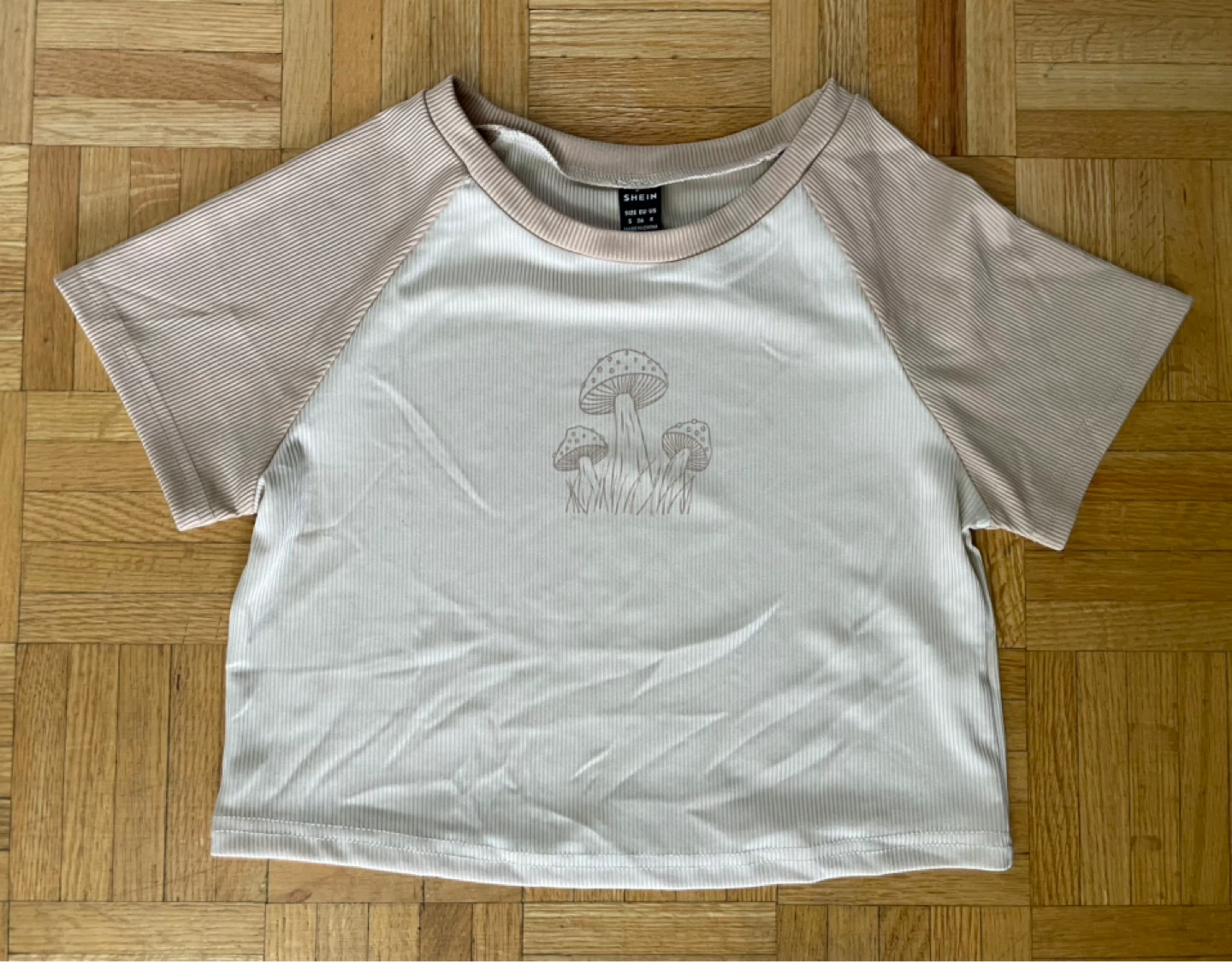 SHEIN Women's Cream Mushroom Graphic Raglan T-Shirt Size S