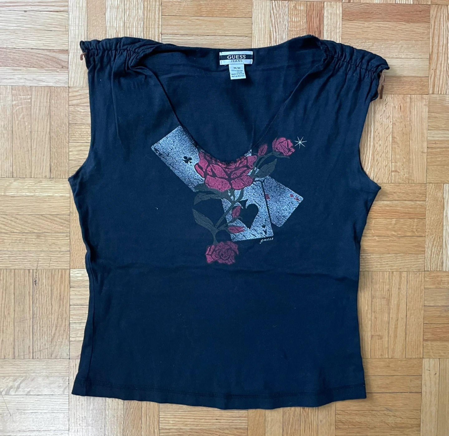 Guess Women's Black Sleeveless Rose and Card Graphic Top M/M
