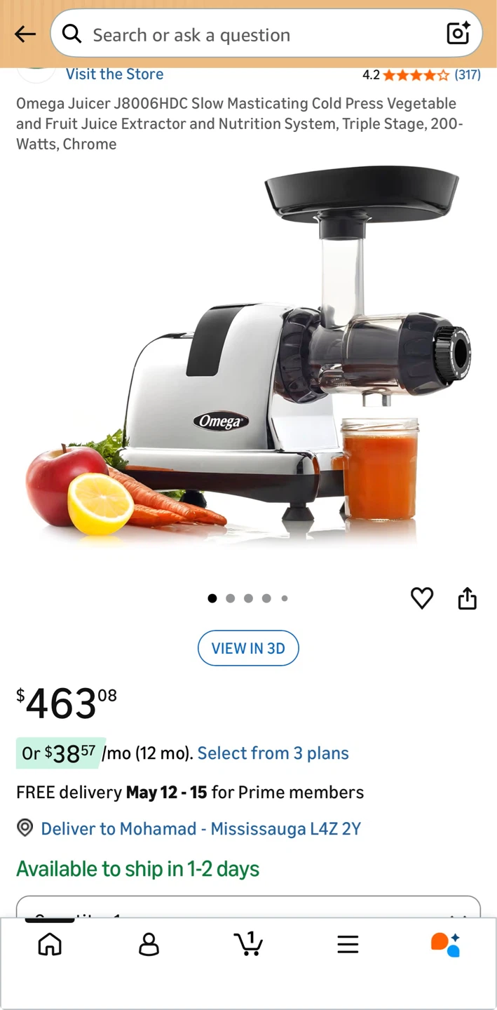 Omega Juicer J8006HDC Slow Masticating Cold Press Vegetable