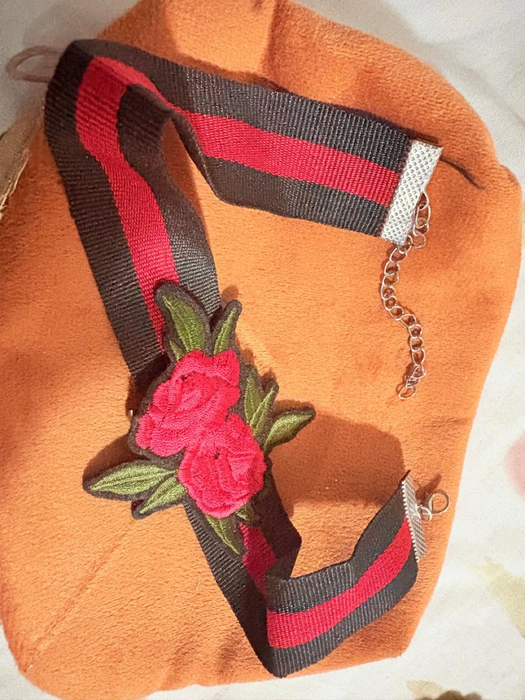 Black and Red Striped Choker with Rose Embroidery - photo 2
