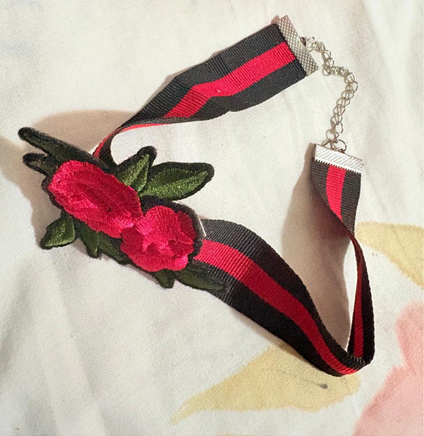 Black and Red Striped Choker with Rose Embroidery