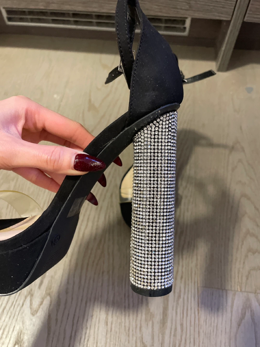 Black Strappy Heels with Rhinestone Block Heel - photo 2