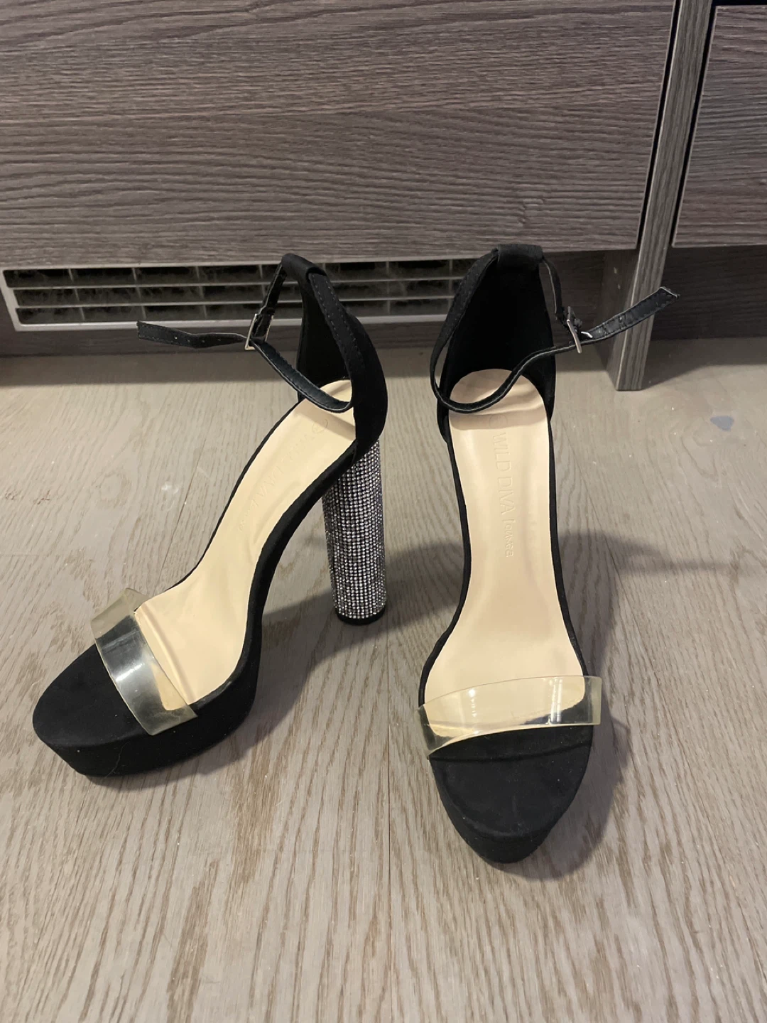 Black Strappy Heels with Rhinestone Block Heel