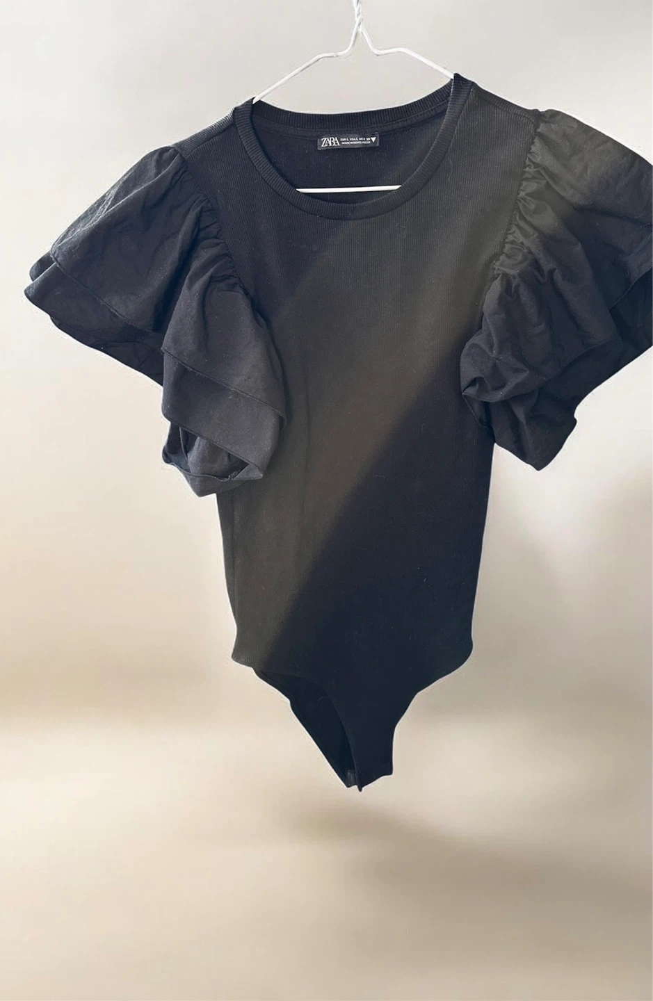 ZARA Black Ribbed Bodysuit with Puff Sleeves - Size L