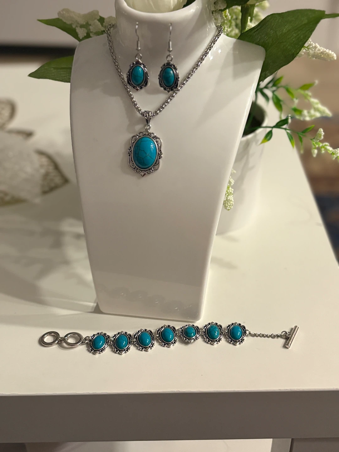 Turquoise Necklace, Bracelet, and Earrings Set
