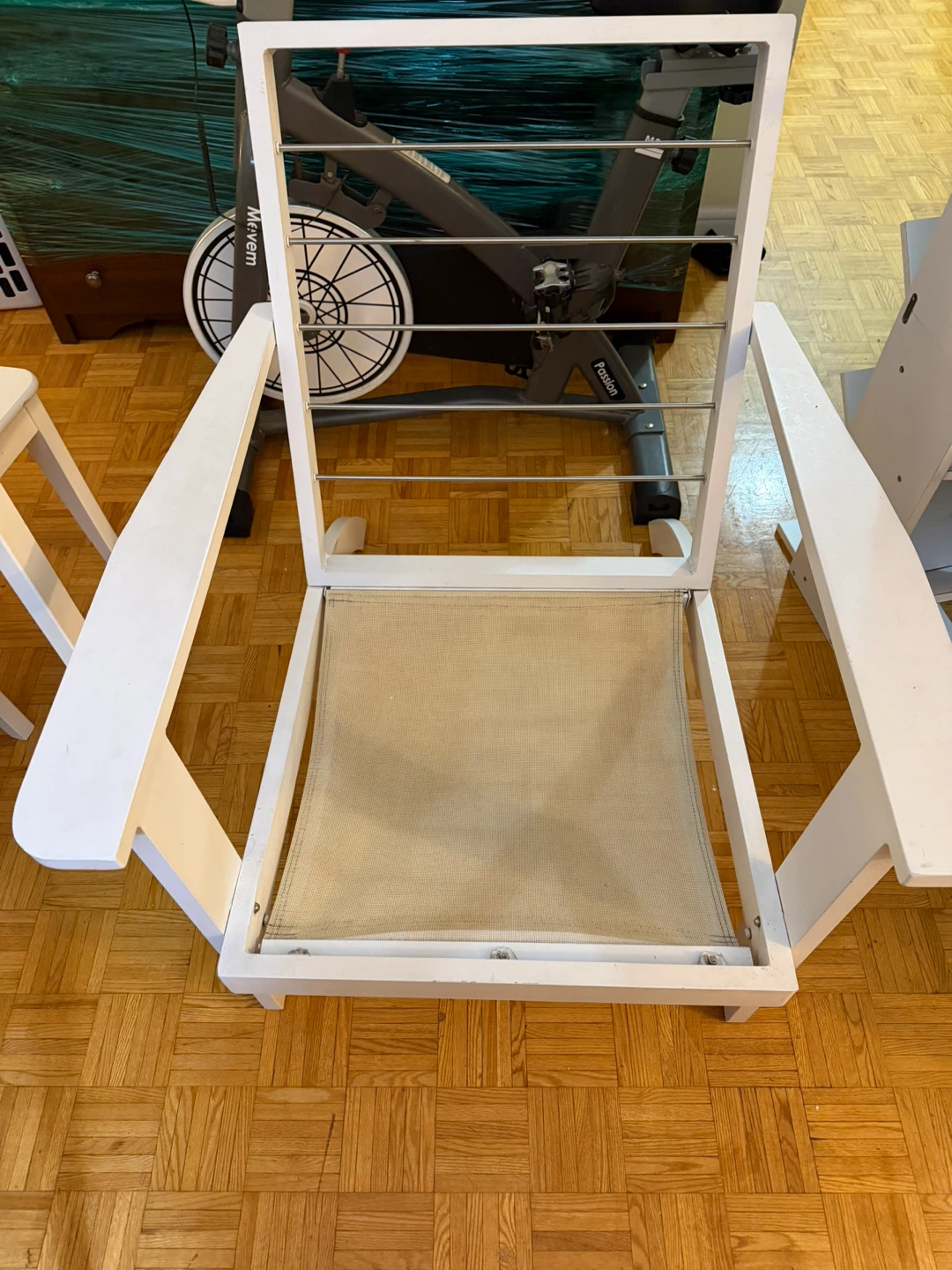 White Adirondack Style Chair with Tan Fabric Seat