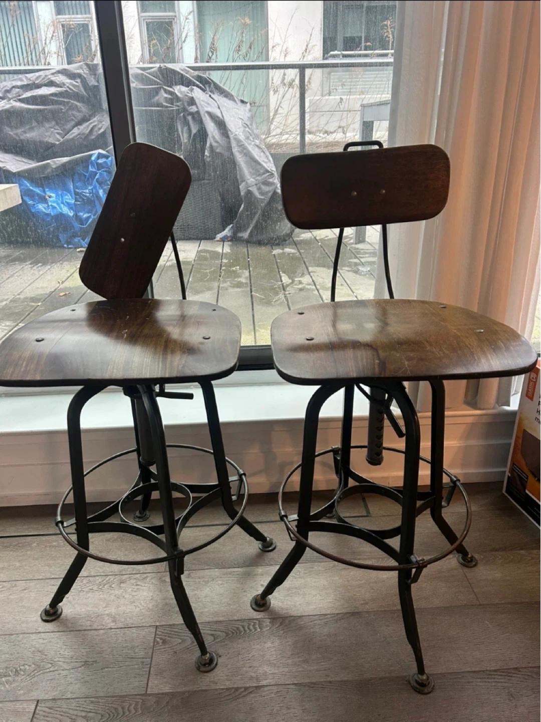 Pair of Adjustable Swivel Bar Stools - Wood and Metal