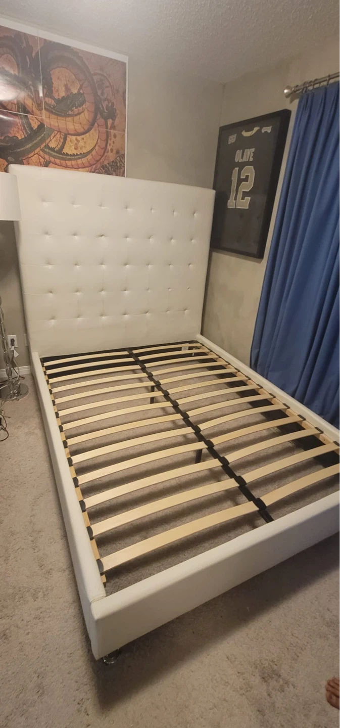 White Upholstered Queen Bed Frame with Headboard