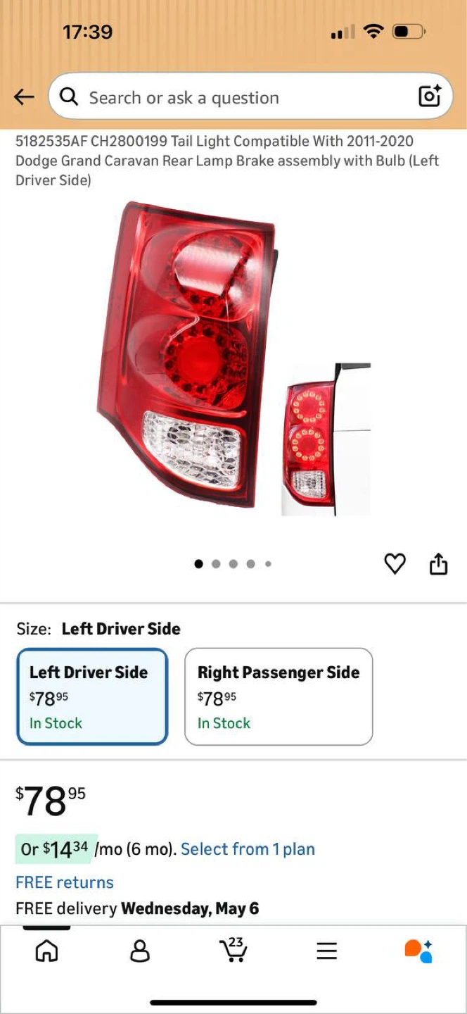 DODGE GRAND CARAVAN TAIL LIGHT LEFT SIDE 2011–2020 🔥