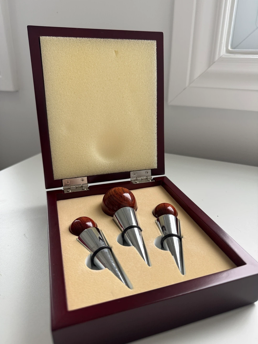 Set of 3 Wood and Chrome Wine Stoppers