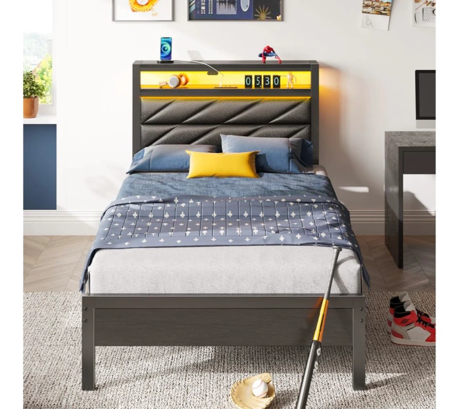 Twin Size Bed Frame with LED Headboard and Built-in Shelf - photo 2