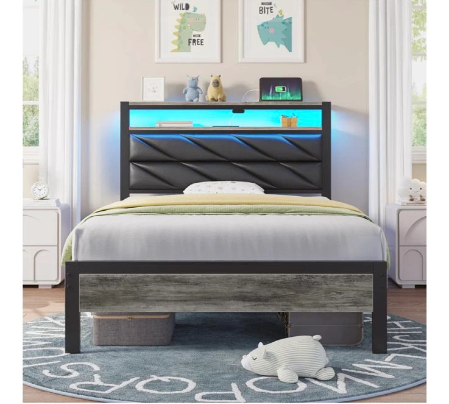 Twin Size Bed Frame with LED Headboard and Built-in Shelf