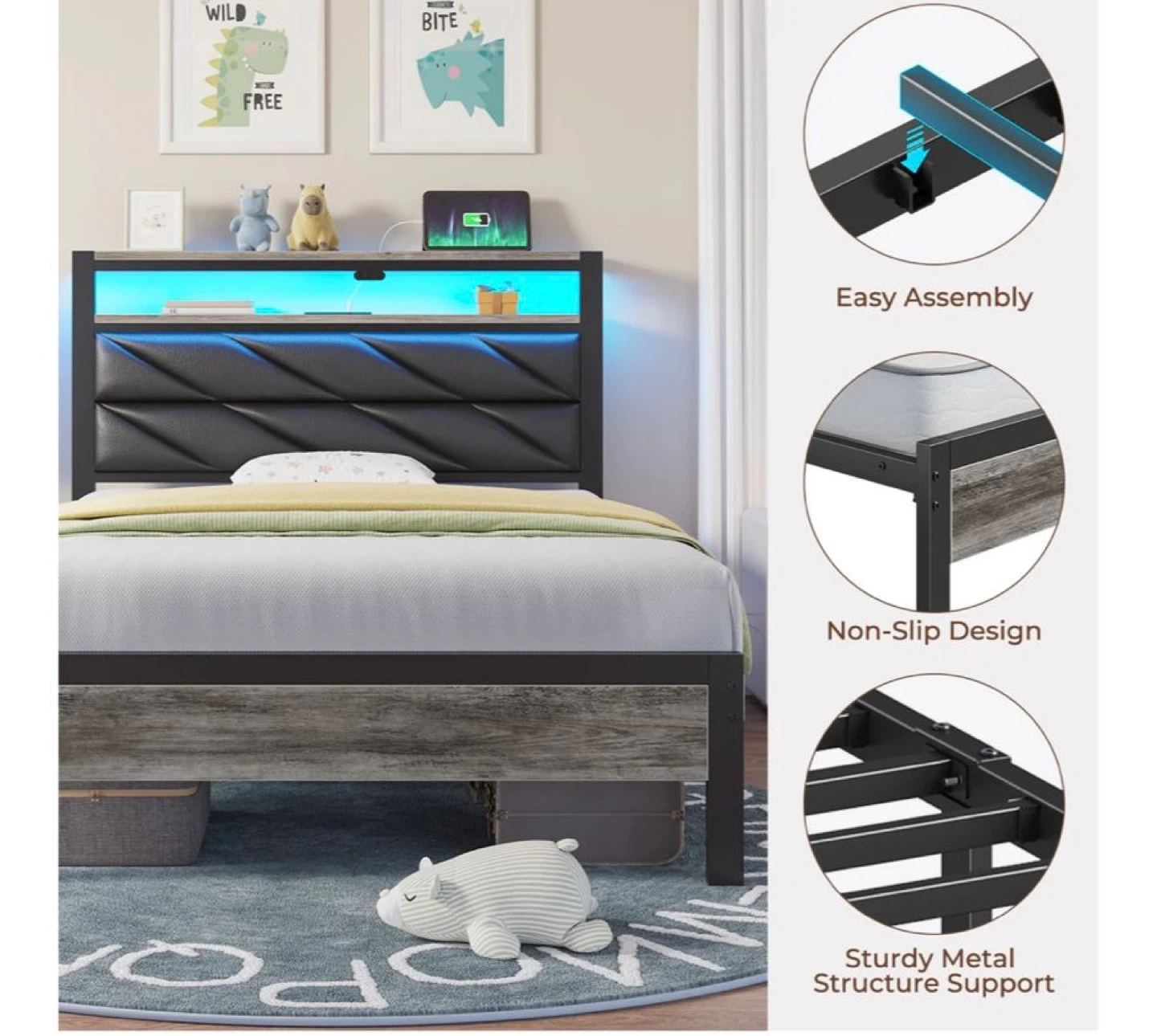 Twin Size Bed Frame with LED Headboard and Built-in Shelf - photo 4
