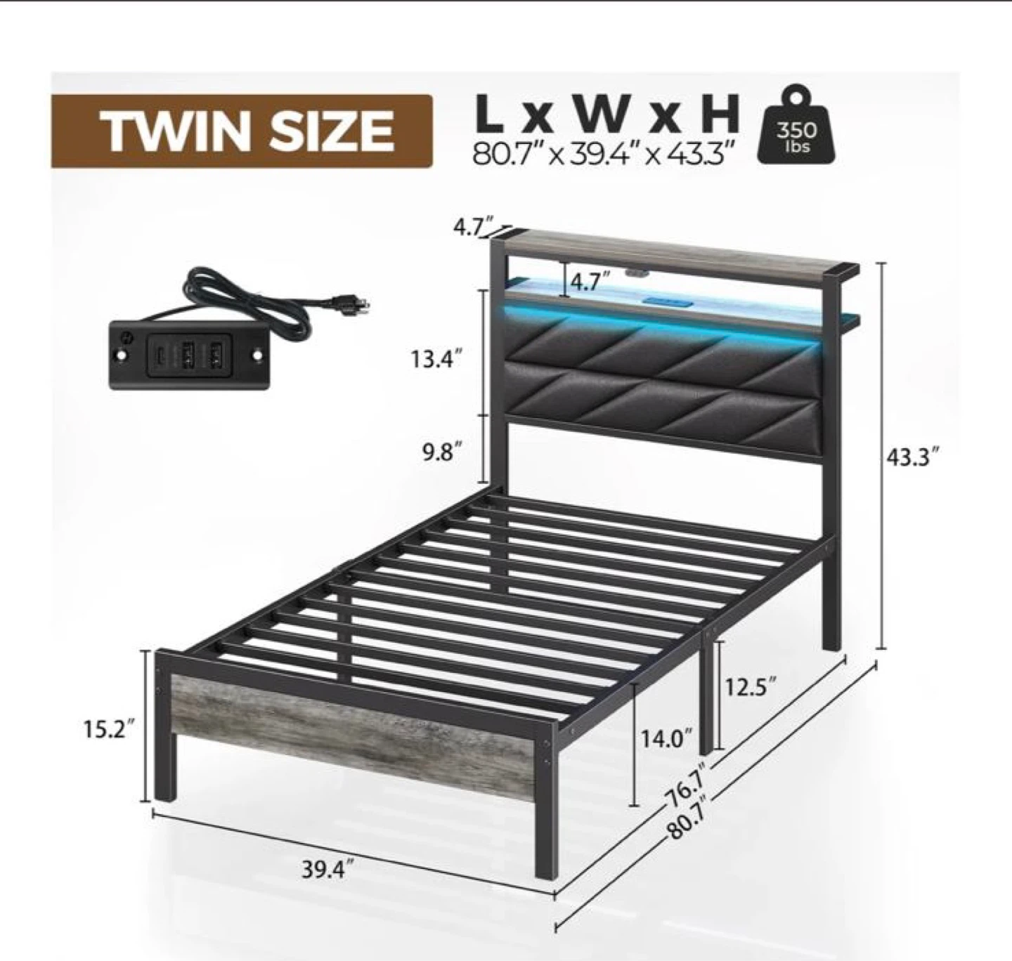 Twin Size Bed Frame with LED Headboard and Built-in Shelf - photo 3