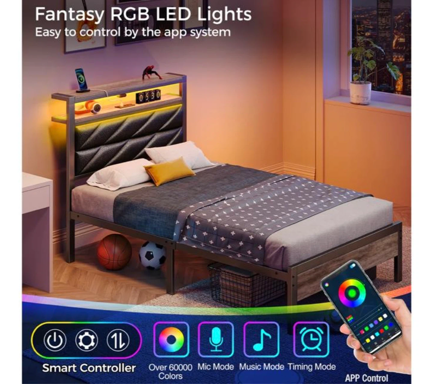 Twin Size Bed Frame with LED Headboard and Built-in Shelf - photo 5