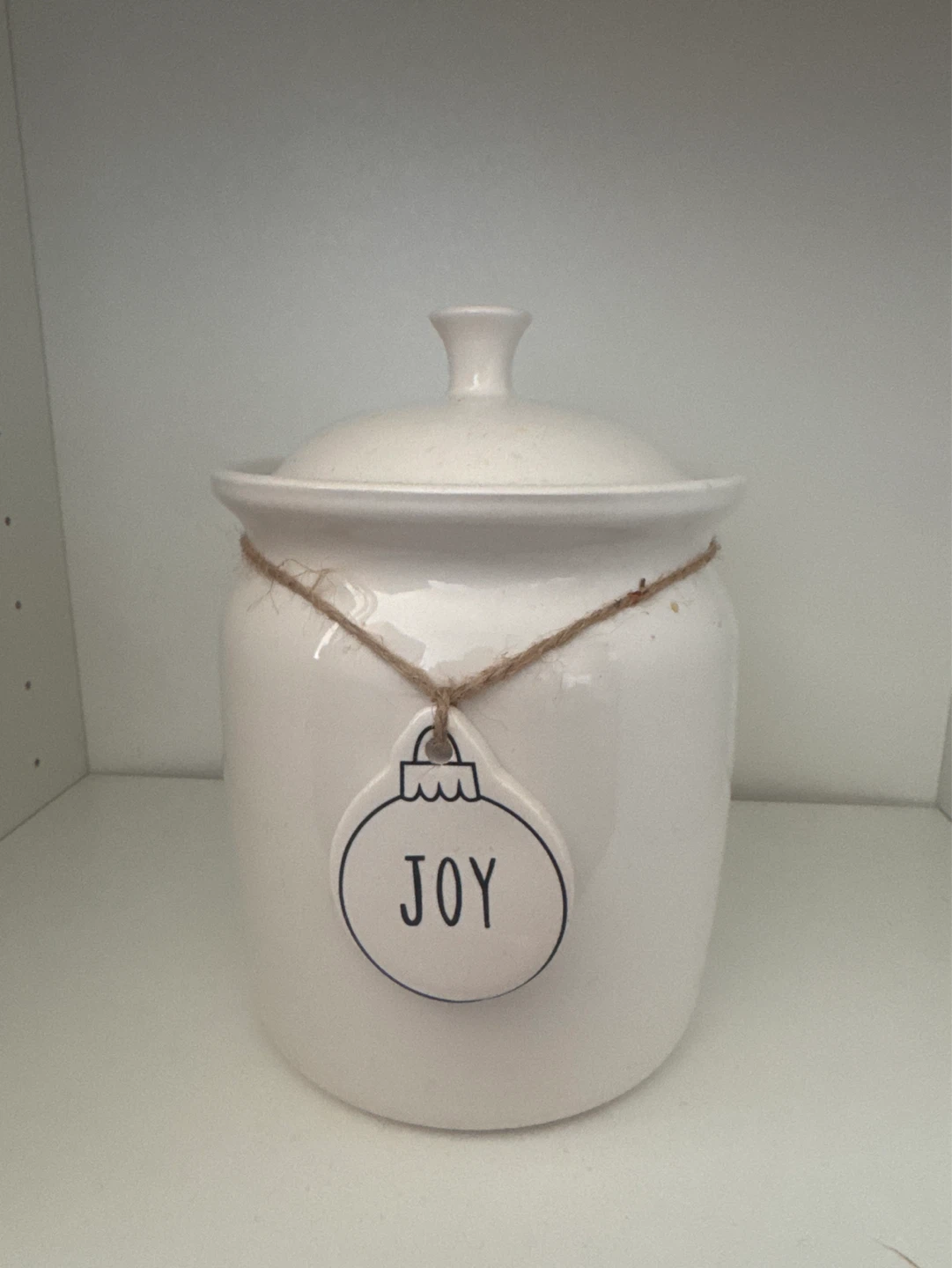 White Ceramic Jar with "JOY" Ornament Tag