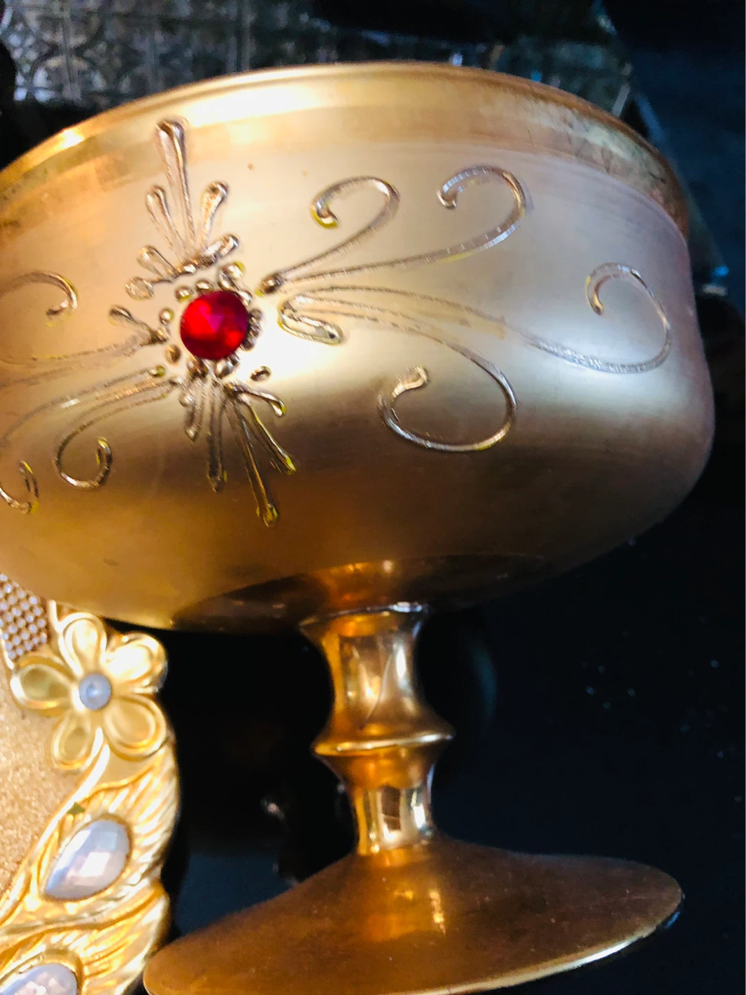 Decorative Gold Pedestal Bowl with Red Jewel Accent - photo 3