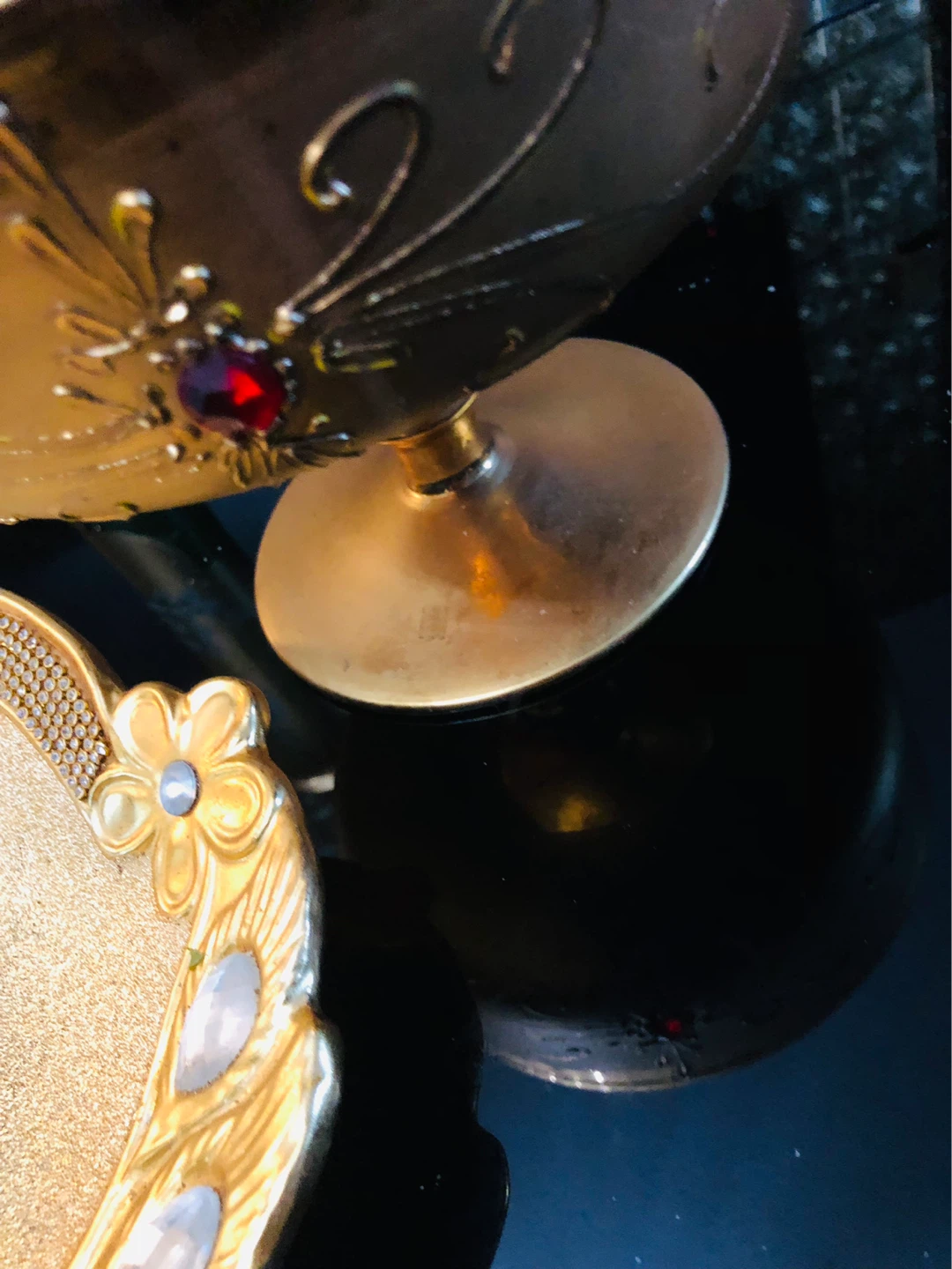 Decorative Gold Pedestal Bowl with Red Jewel Accent - photo 2