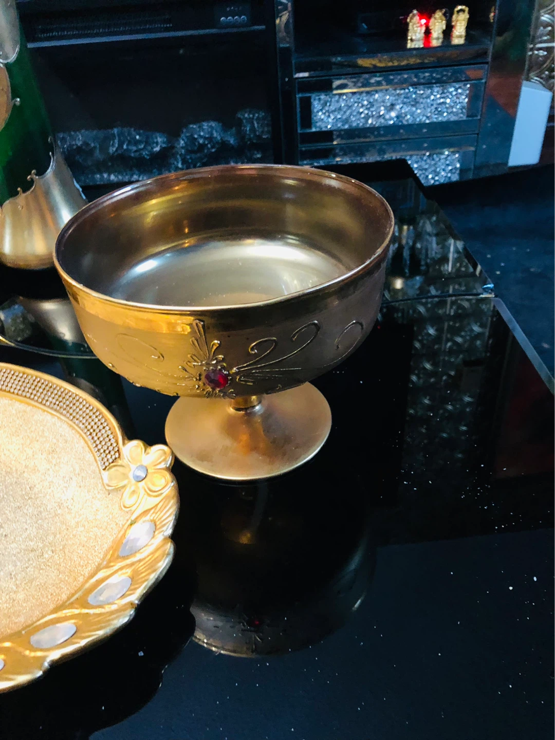 Decorative Gold Pedestal Bowl with Red Jewel Accent