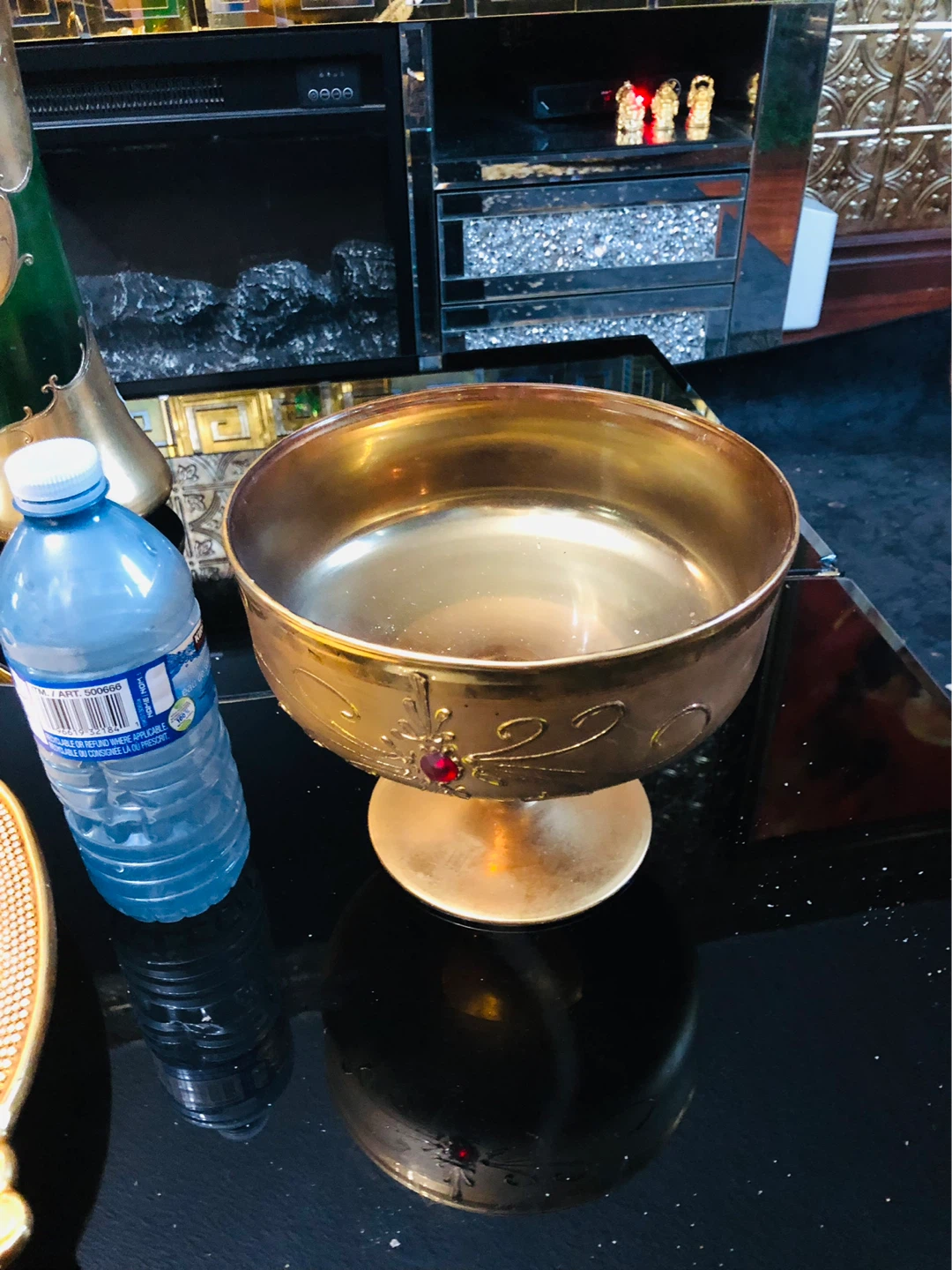 Decorative Gold Pedestal Bowl with Red Jewel Accent - photo 4