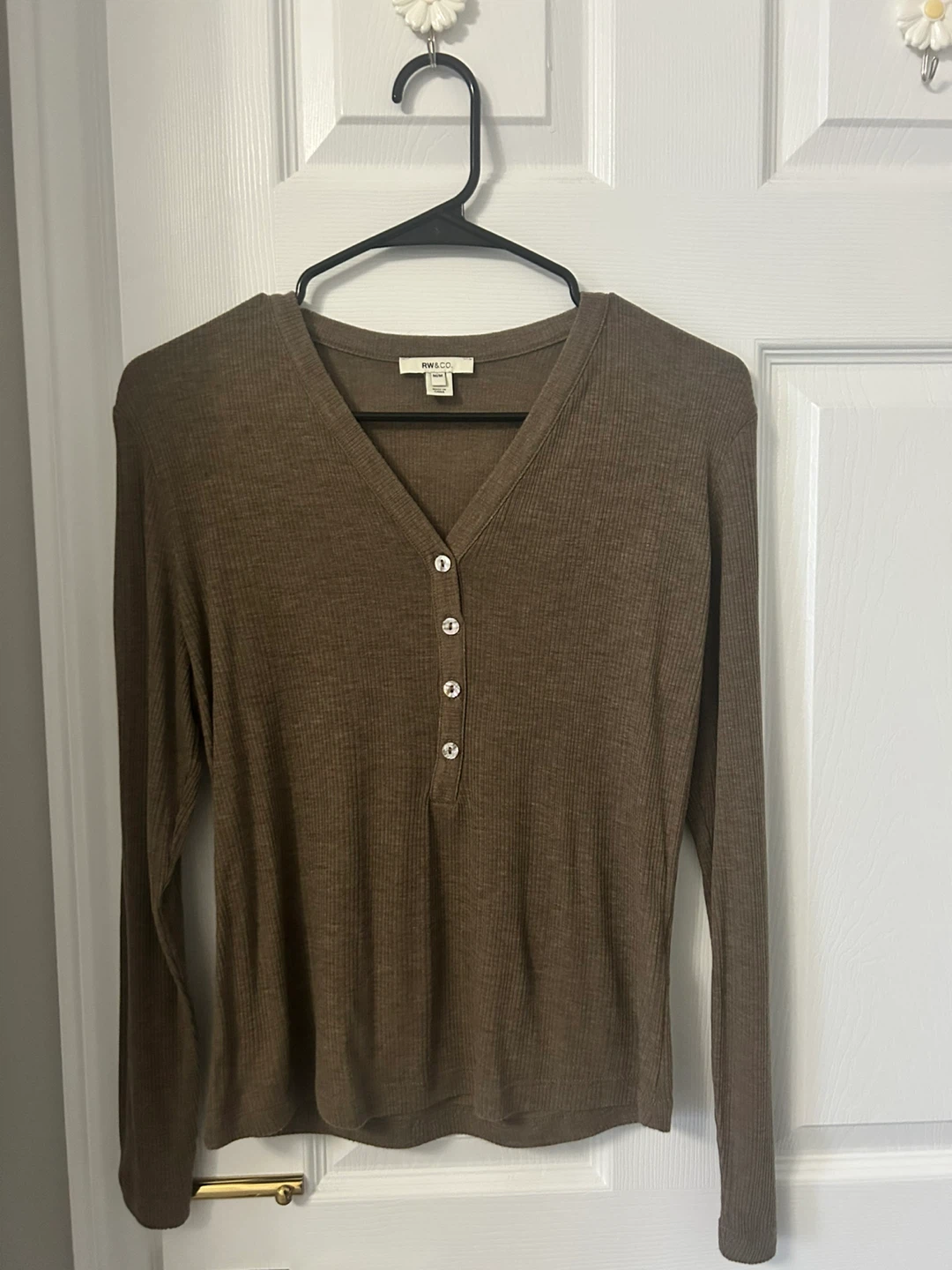RW&CO. Brown Ribbed Long Sleeve Henley Top