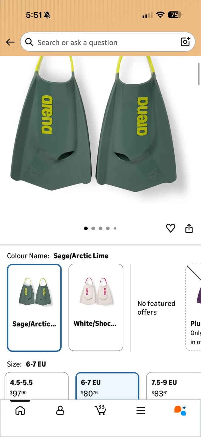 Arena Powerfin Pro II Swim Training Fins Size 6-7 US / EU 38-39