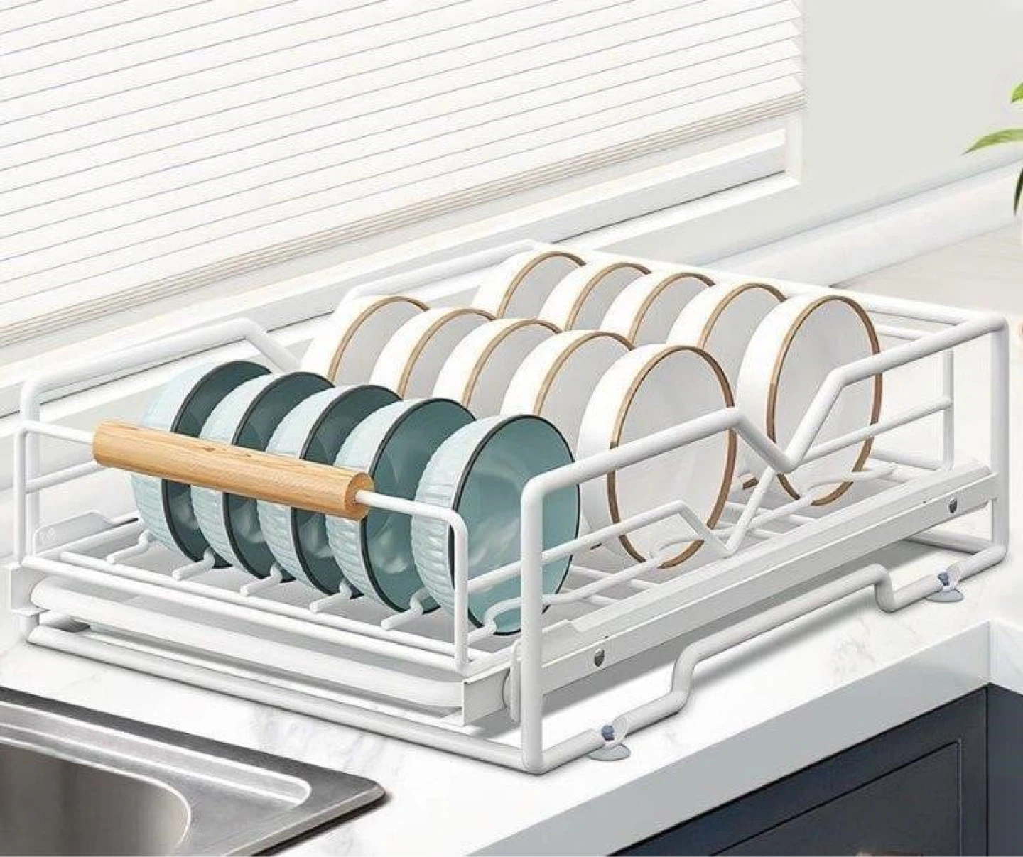 White Pull-Out Wire Drawer Organizer with Wooden Handle - photo 3