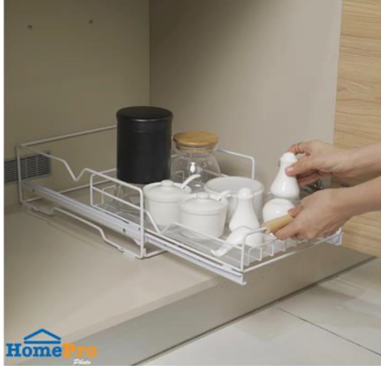 White Pull-Out Wire Drawer Organizer with Wooden Handle - photo 4