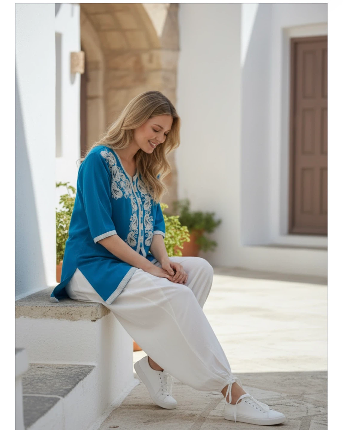 Turquoise Embroidered Tunic with White Harem Pants Set - photo 2