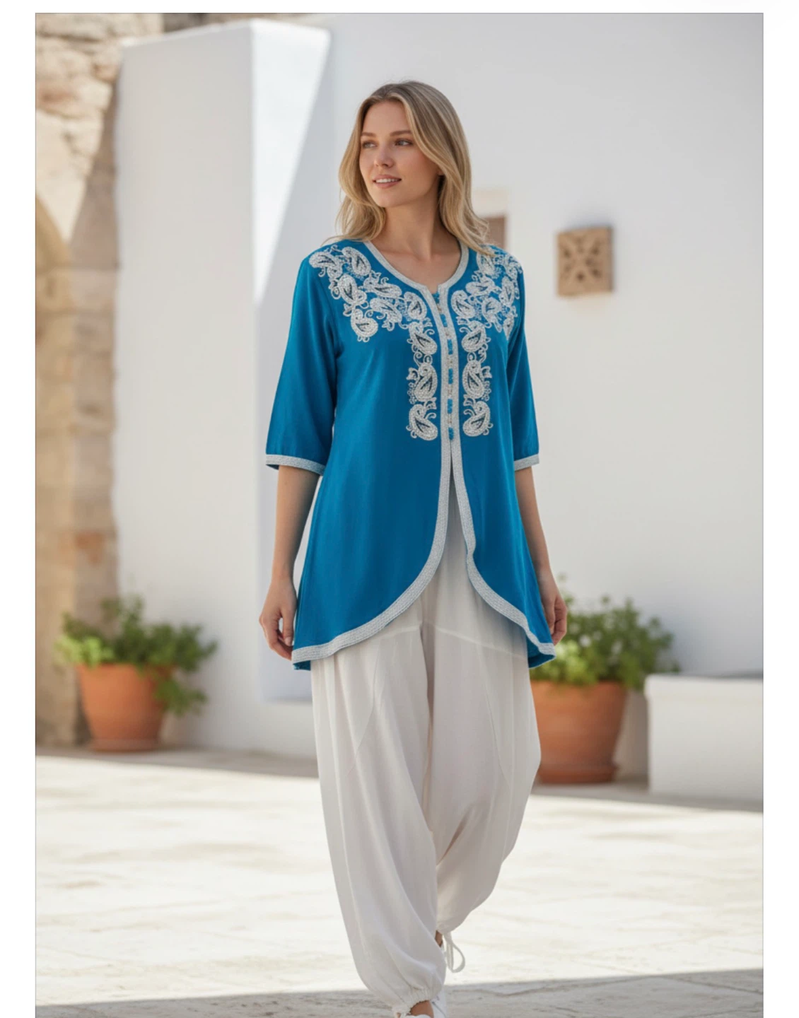 Turquoise Embroidered Tunic with White Harem Pants Set