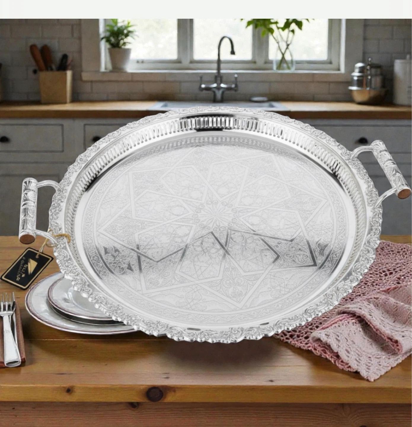Round Decorative Serving Tray with Handles