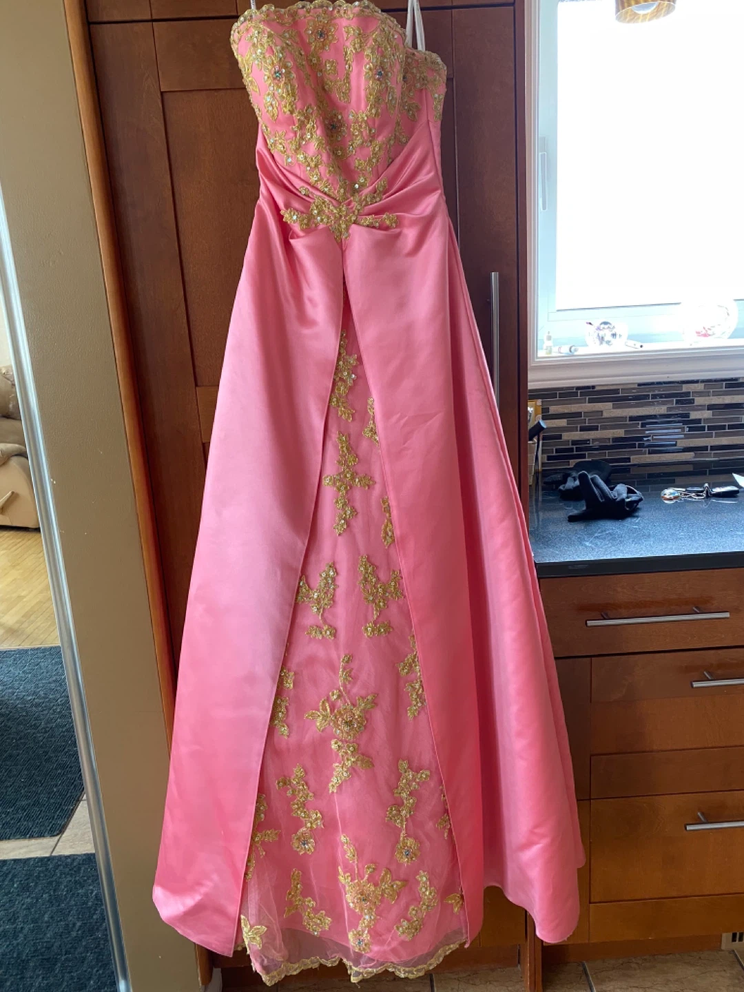 Pink Tiffany Designs Strapless Gown with Gold Embroidery