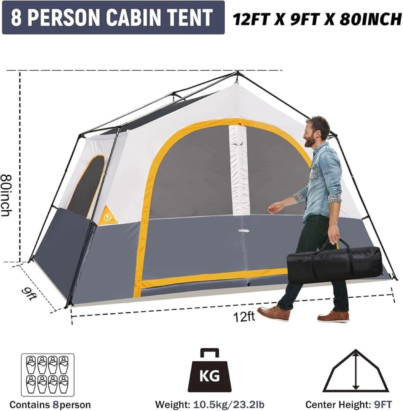 HIKERGARDEN 8 Person Cabin Tent 12ft x 9ft x 80in - photo 2