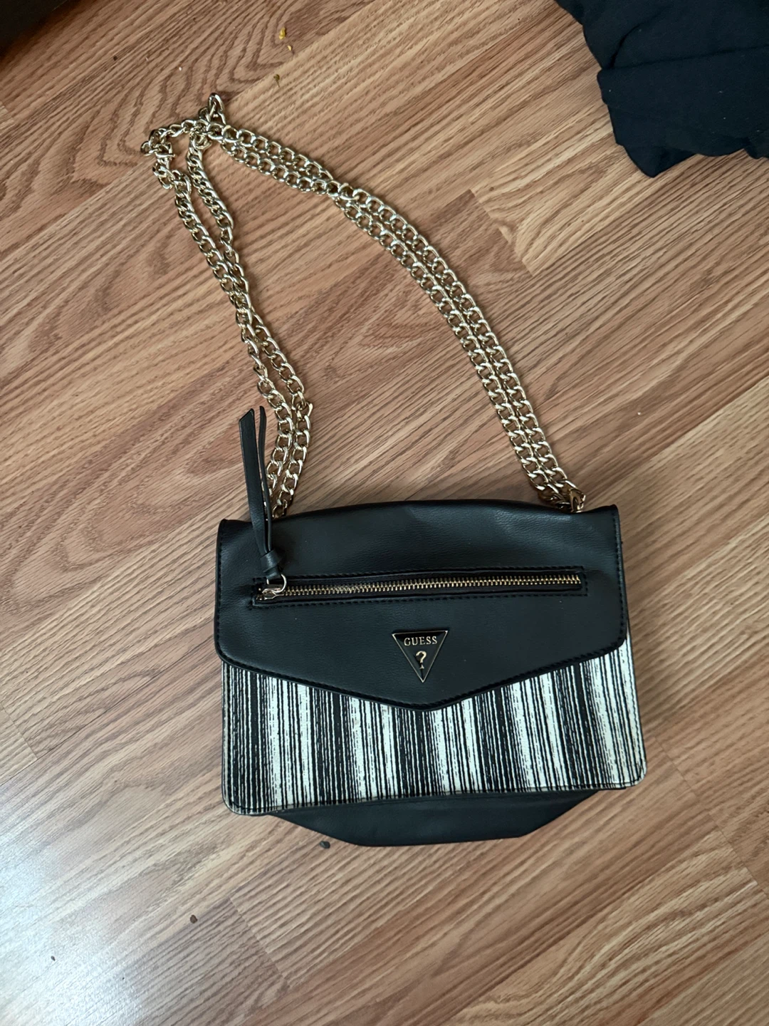 Guess Black & White Striped Chain Shoulder Bag
