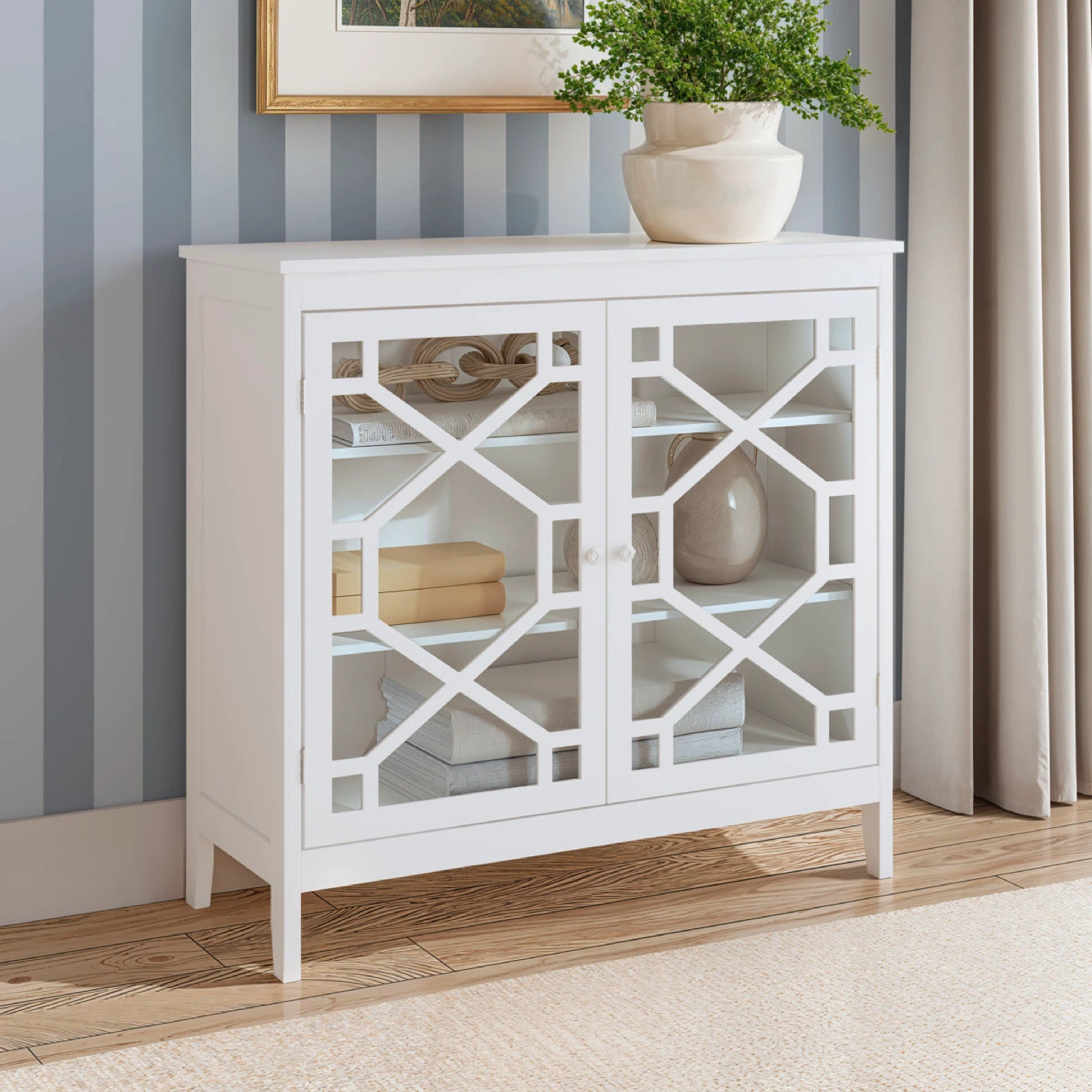 White Accent Cabinet with Geometric Doors
