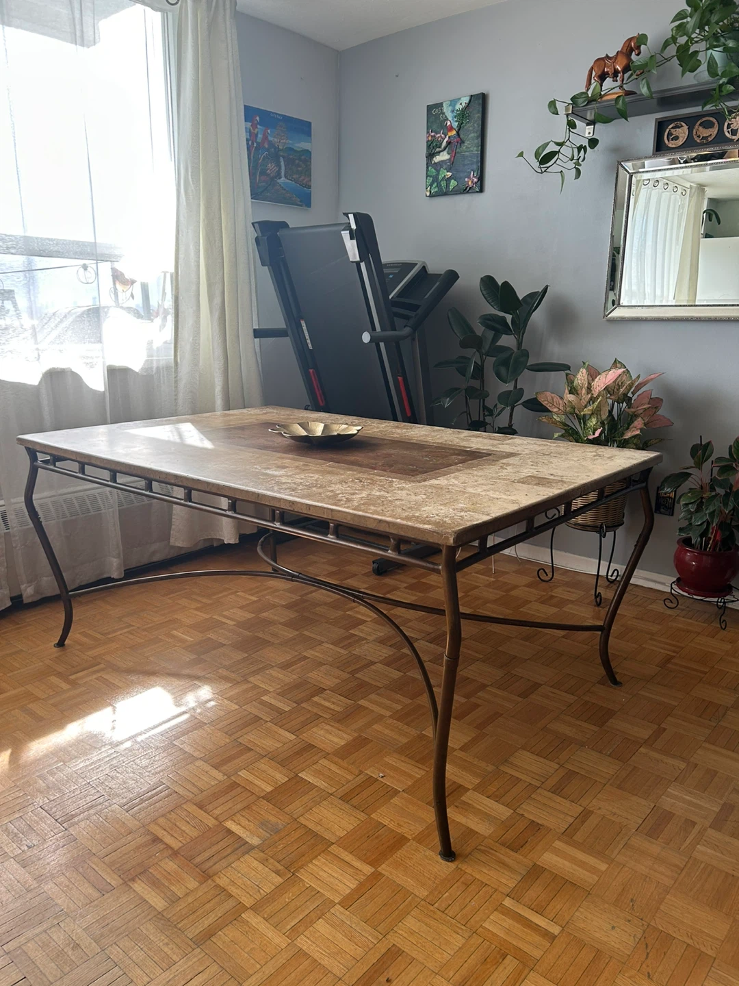Travertine Stone Top Dining Table with Metal Base