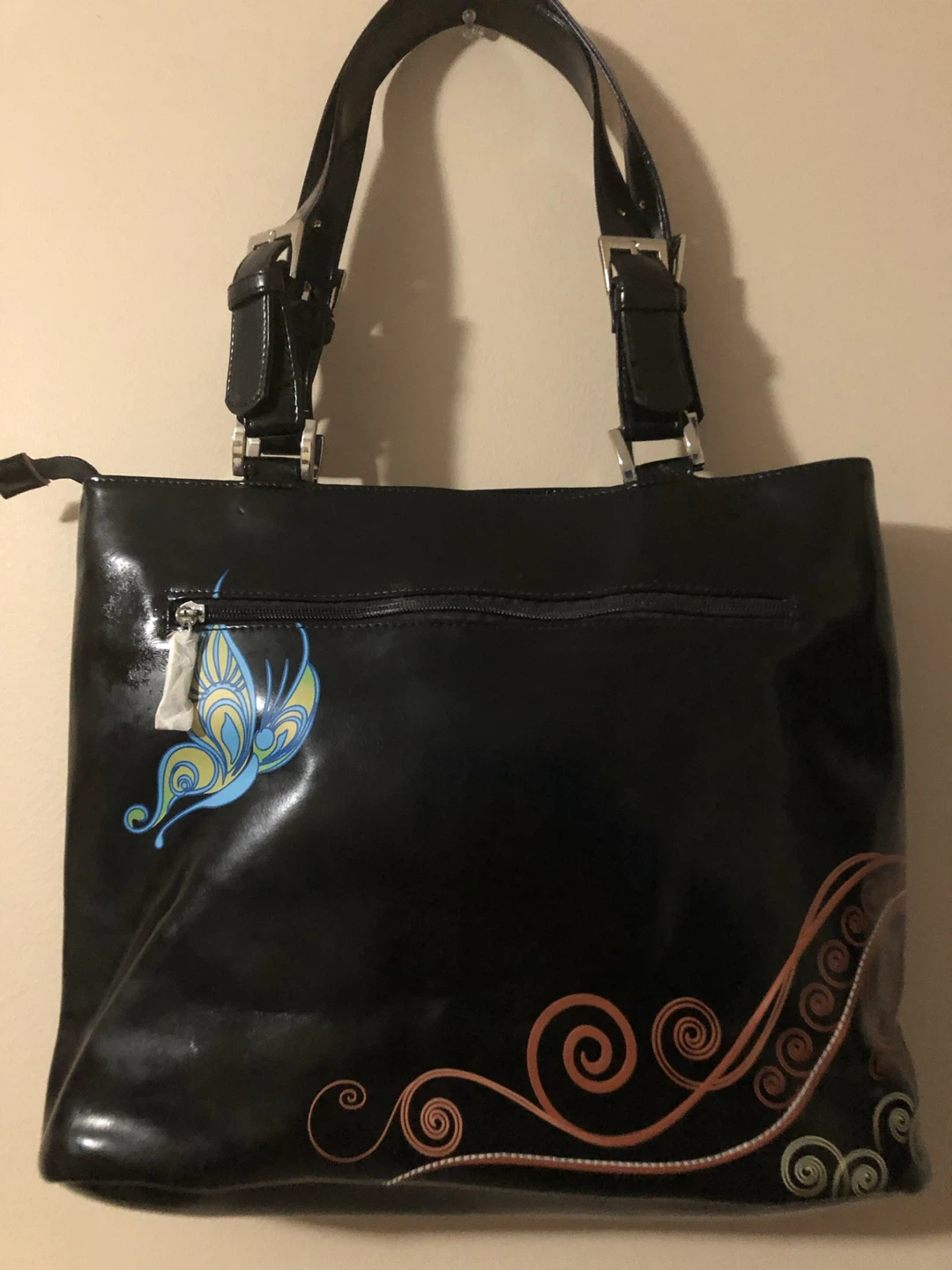 Black patent leather tote bag with butterfly design - photo 2