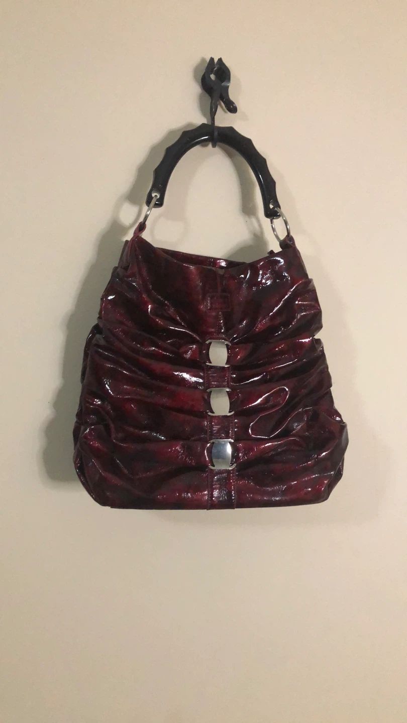 Shiny Red Ruched Handbag with Bamboo Handle