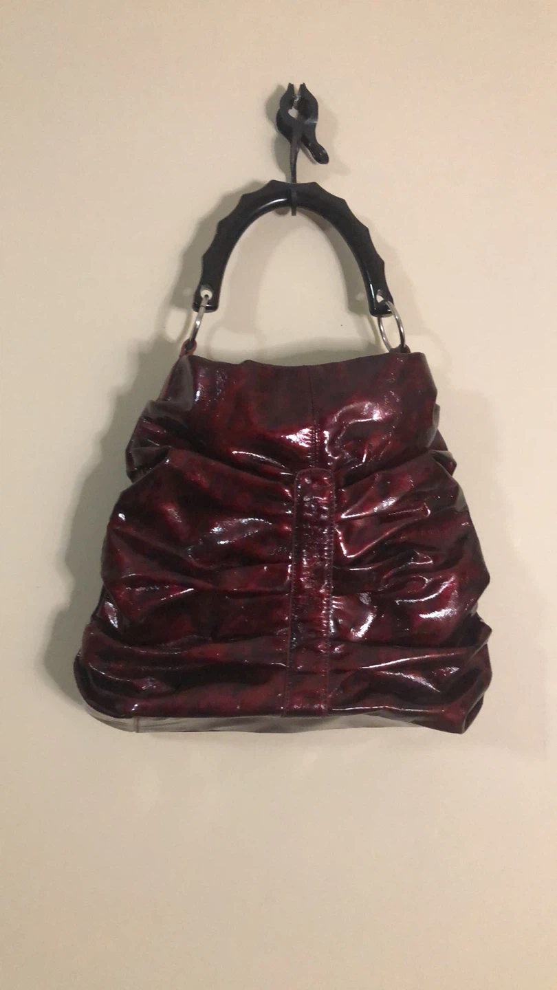 Shiny Red Ruched Handbag with Bamboo Handle - photo 2
