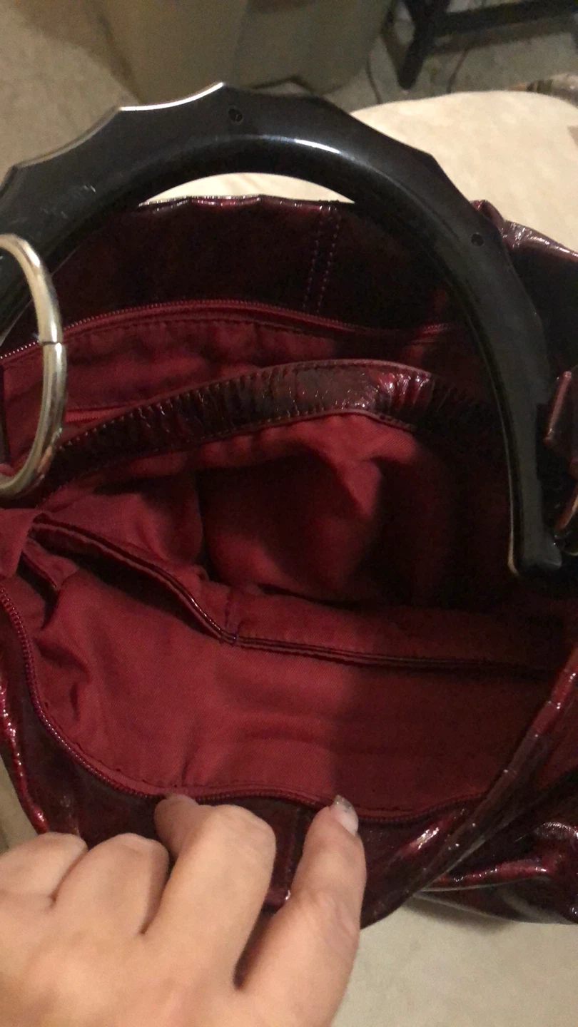 Shiny Red Ruched Handbag with Bamboo Handle - photo 4
