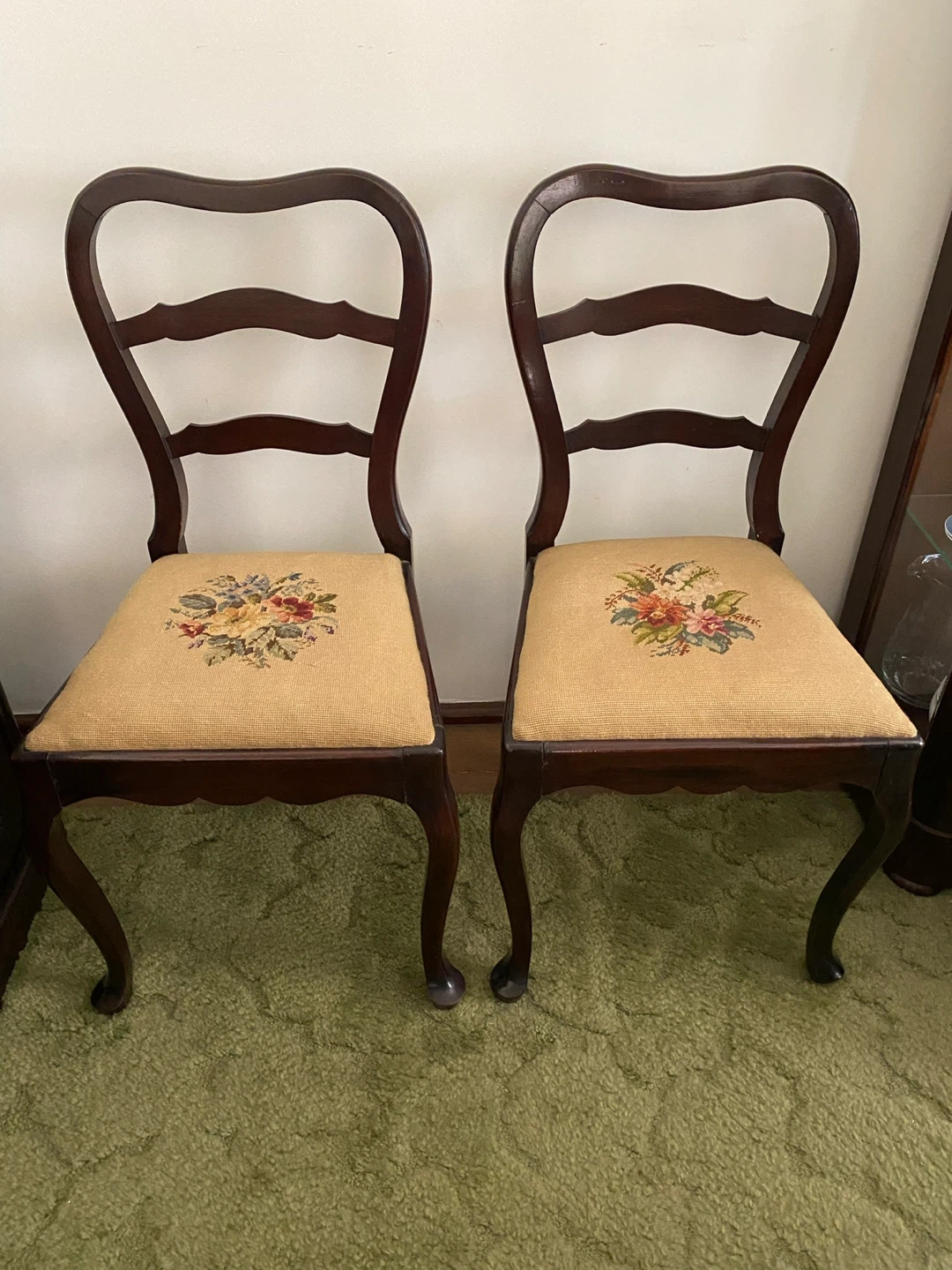 Vintage Wood Belgian Chairs with Floral Needlepoint Seat